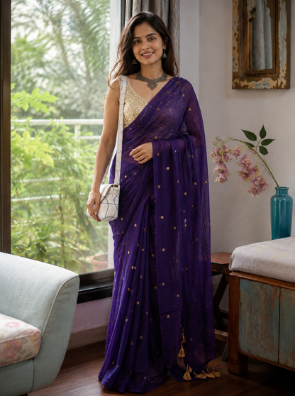 Ethereal Royal Violet Gold-Zari Polka Dot Mul Cotton Saree