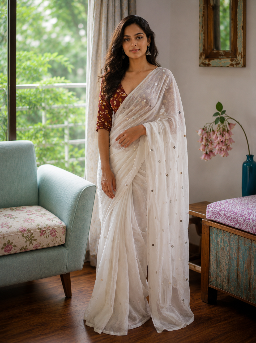 Ethereal Ivory White Mirror-Work Mul Cotton Saree
