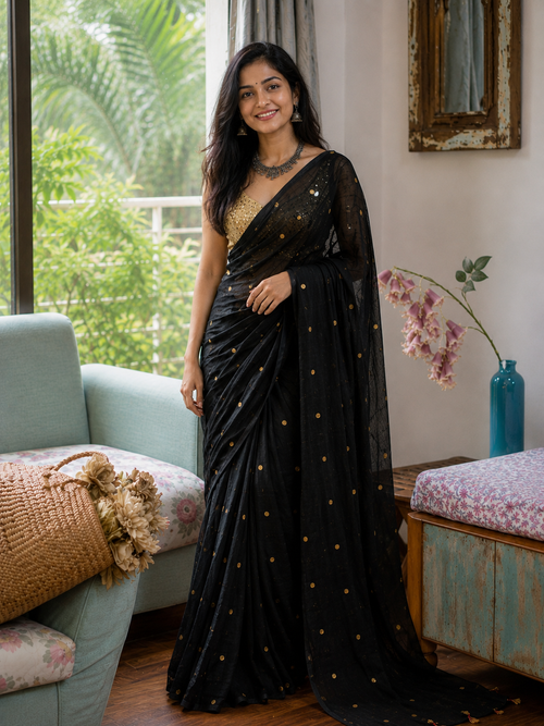 Ethereal Midnight Black Gold-Zari Polka Dot Mul Cotton Saree