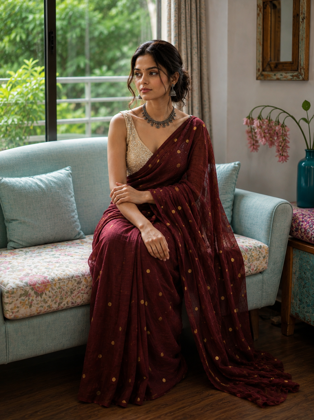 Ethereal Maroon Deep Burgundy Gold-Zari Polka Dot Mul Cotton Saree