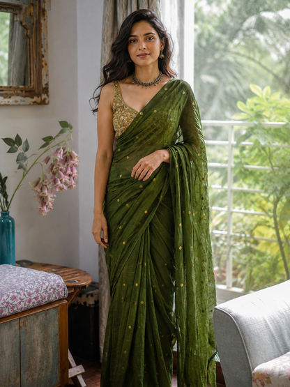 Ethereal Olive Green Gold-Zari Polka Dot Mul Cotton Saree