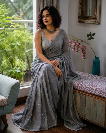 Ethereal Steel Grey Mirror-Work Mul Cotton Saree