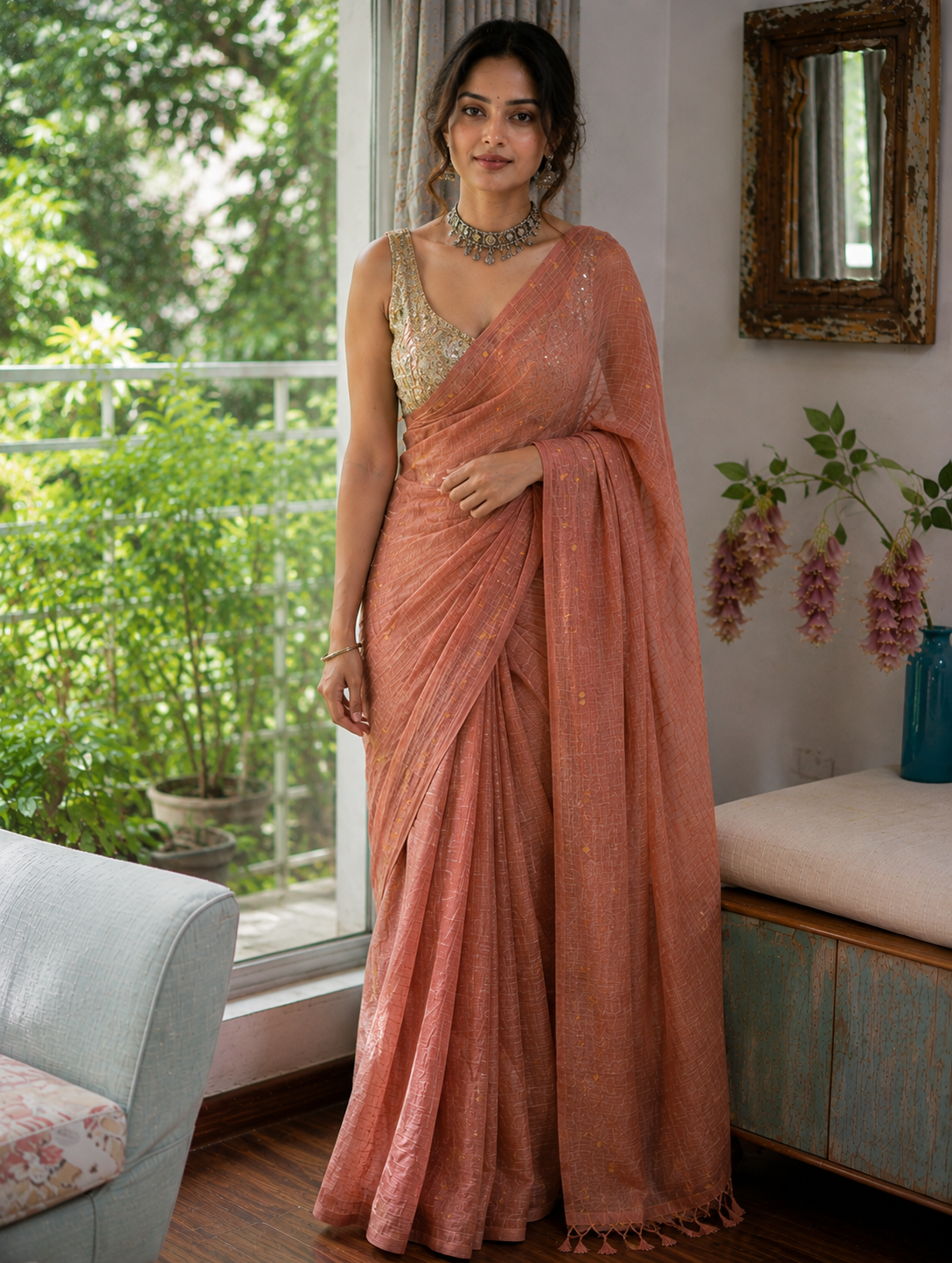 Peach Rose Pink Gold-Zari Polka Dot Mul Cotton Saree