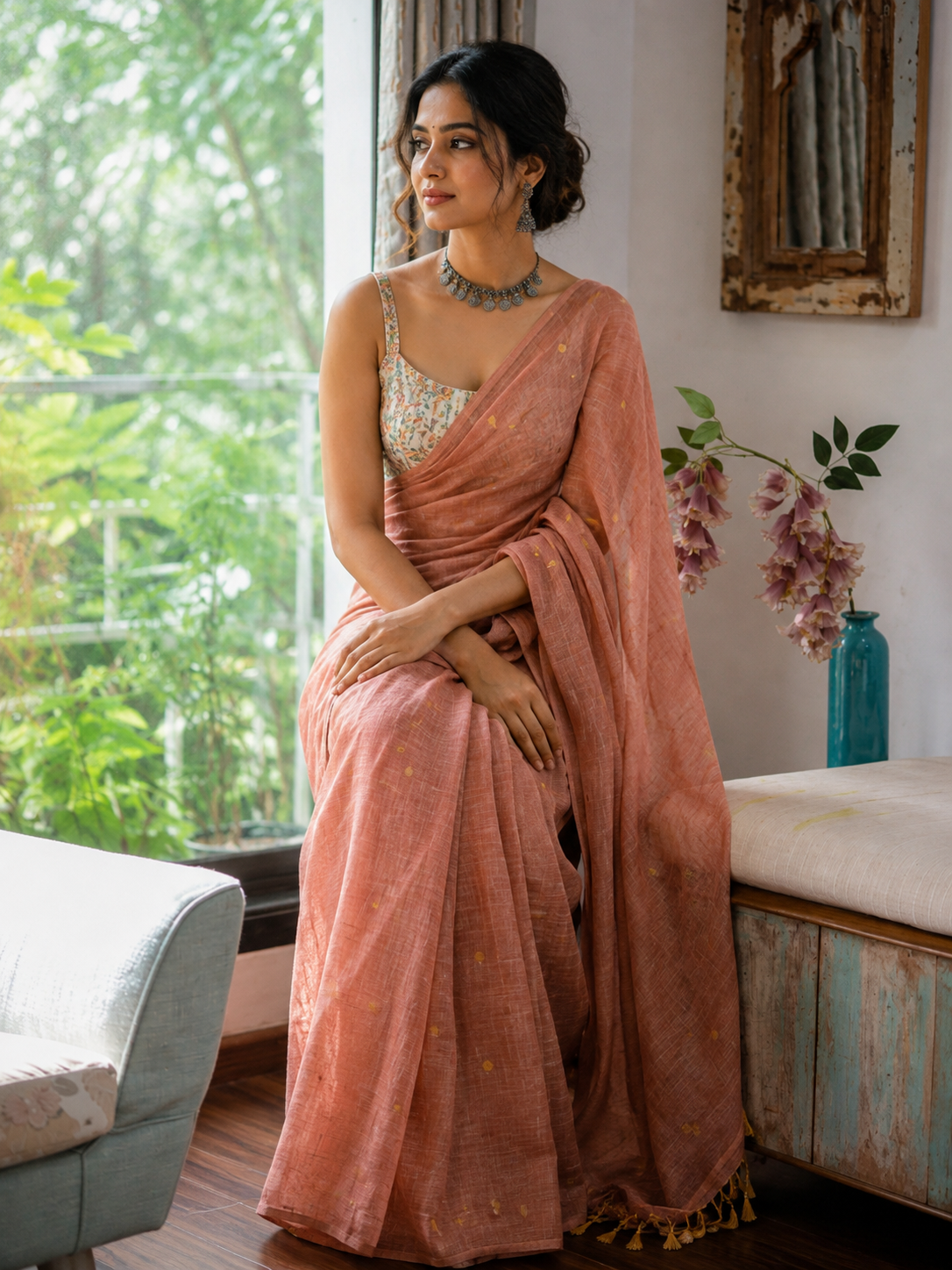 Peach Rose Pink Gold-Zari Polka Dot Mul Cotton Saree