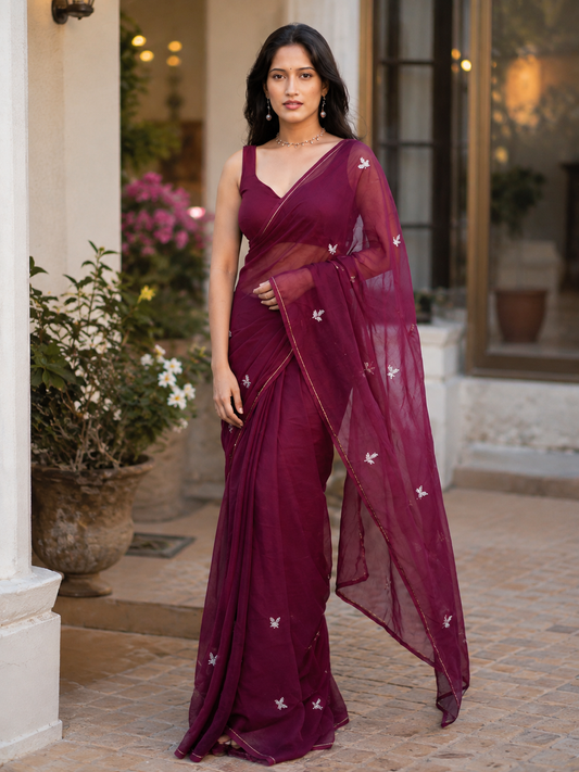 Vibrant Deep Wine Burgundy Mul Cotton Saree