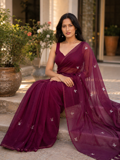Vibrant Deep Wine Burgundy Mul Cotton Saree