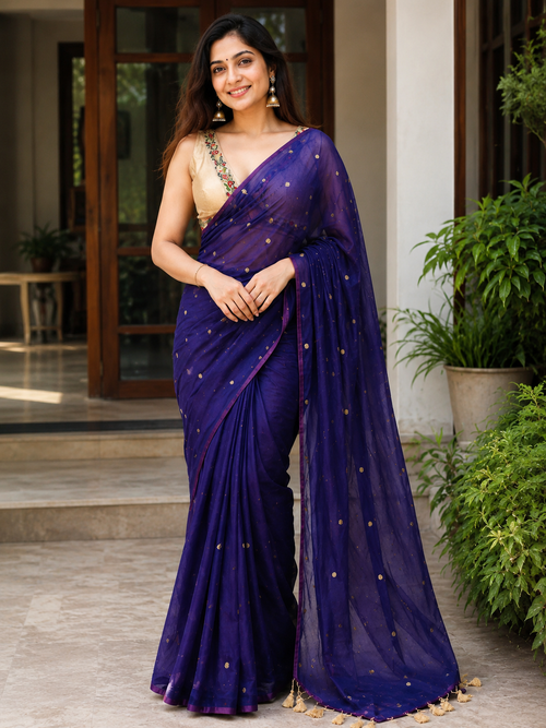 Ethereal Royal Blue Gold-Zari Polka Dot Mul Cotton Saree