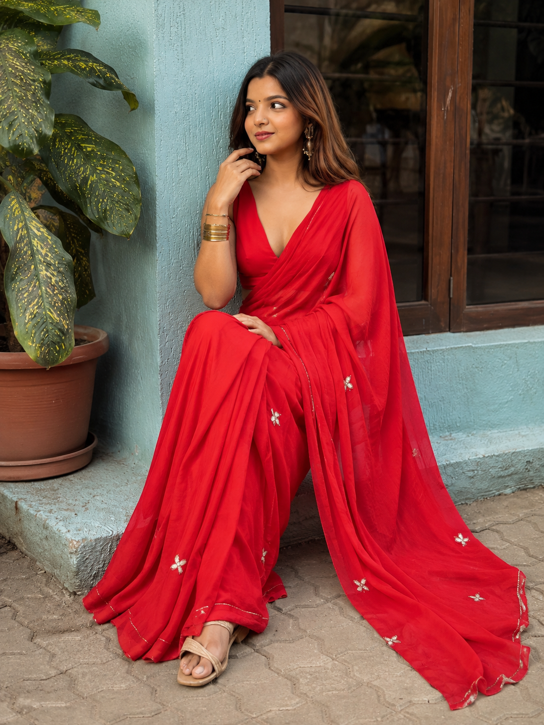 Vibrant Crimson Red Mul Cotton Saree