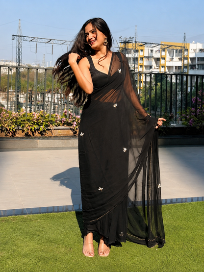 Classic Midnight Black Mul Cotton Saree