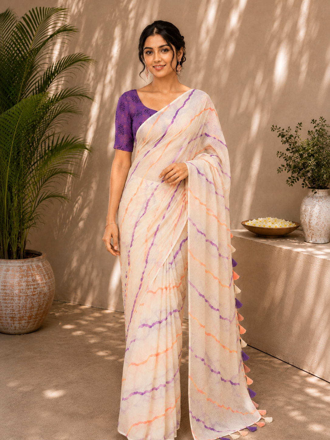 Elegant White Leheriya Chiffon Saree with Purple Blouse