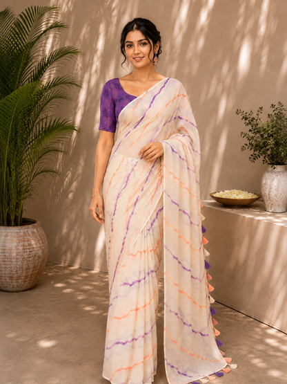 Elegant White Leheriya Chiffon Saree with Purple Blouse