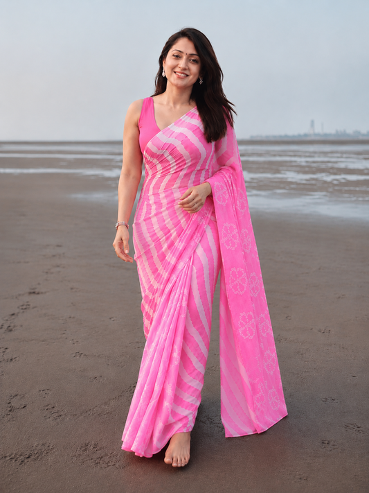 Pink & White Bandhani Print Chiffon Saree with Tassel Pallu
