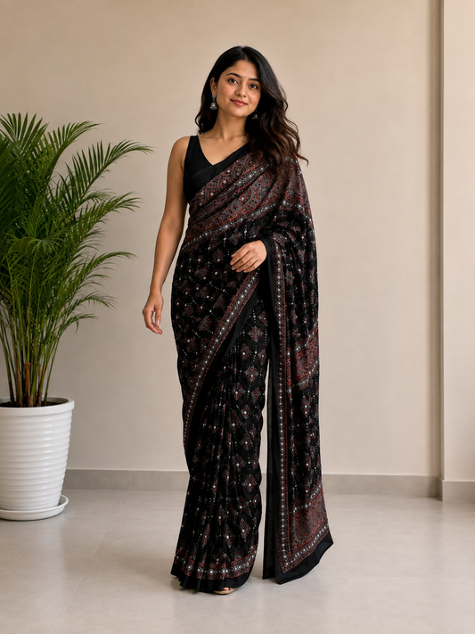 Black Gajji Silk with traditional motifs Designer Saree for Women