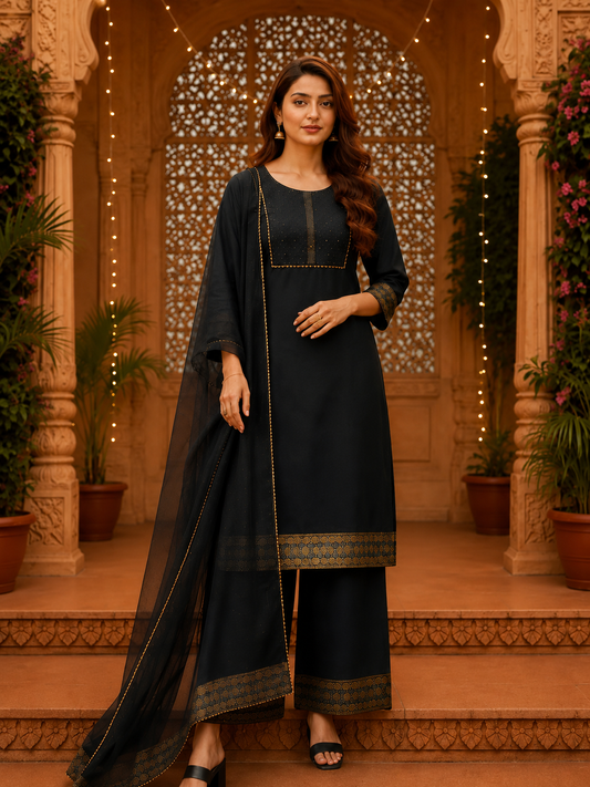 Black Embroidered Viscose Kurta Set with Net Dupatta