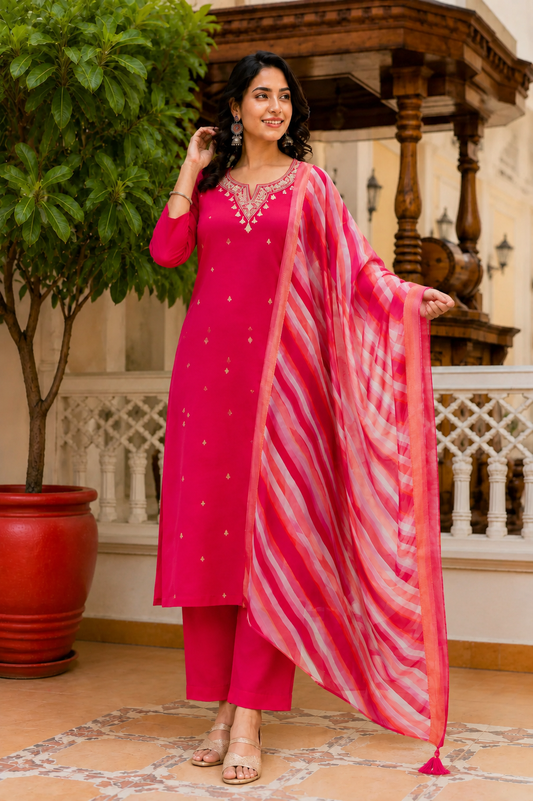 Rani Pink Cotton Blend Kurta Set with Printed Organza Dupatta