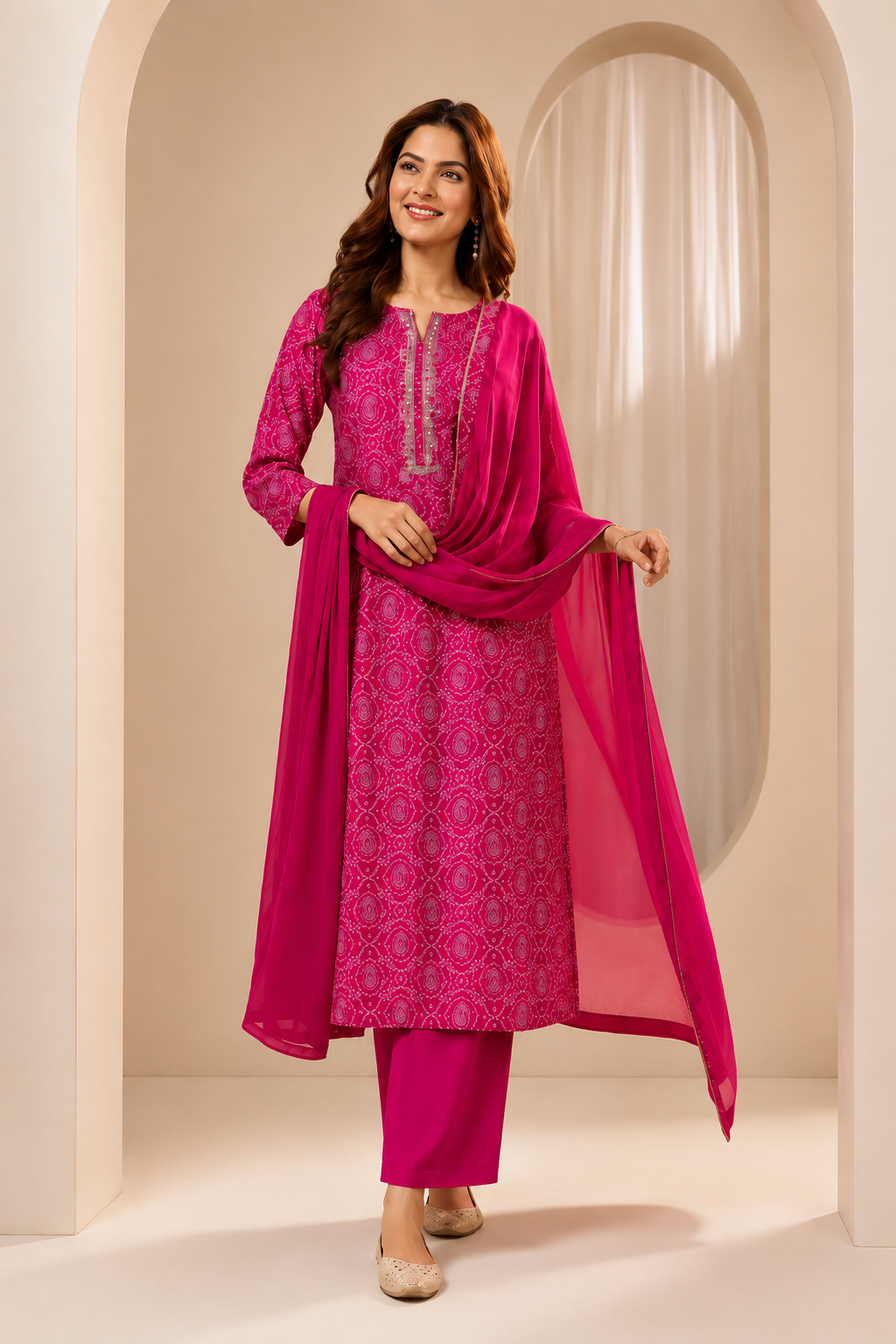 Rani Pink Printed Cotton Blend Kurta Set with Chiffon Dupatta