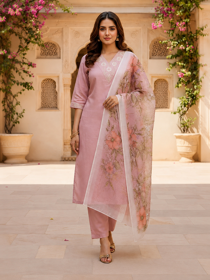 Blush Pink Cotton Blend Kurta Set with Floral Organza Dupatta