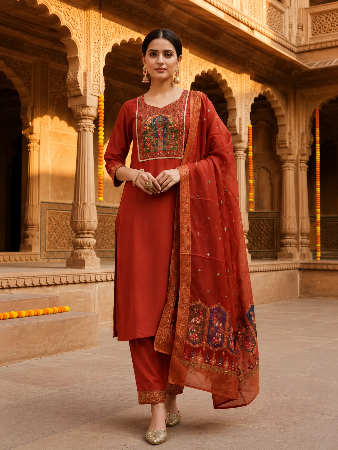 Rust Orange Cotton Blend Kurta Set with Embroidered Organza Dupatta