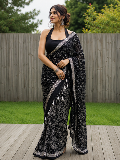 Royal Navy Blue Gajji Ajrakh Silk Saree with Matching Blouse Piece