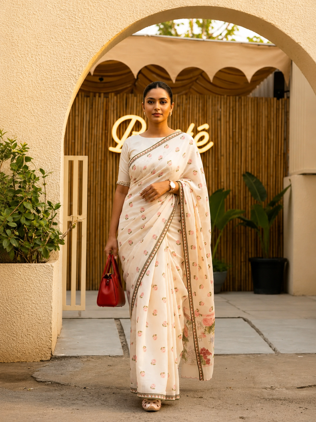 Ethereal Off-White Pink Rose Floral Printed Mul Cotton Saree
