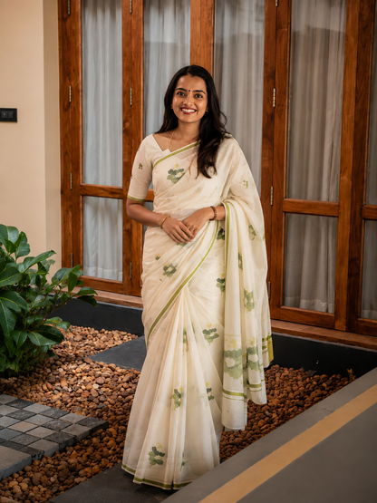 Off-White Lotus Printed Cotton Saree