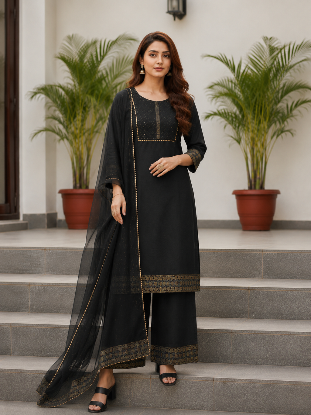 Black Embroidered Viscose Kurta Set with Net Dupatta