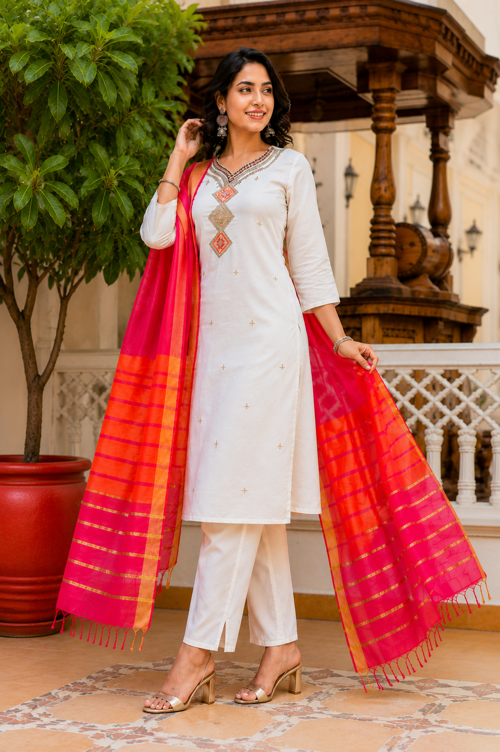 Ivory White Embroidered Cotton Blend Kurta Set with Organza Dupatta