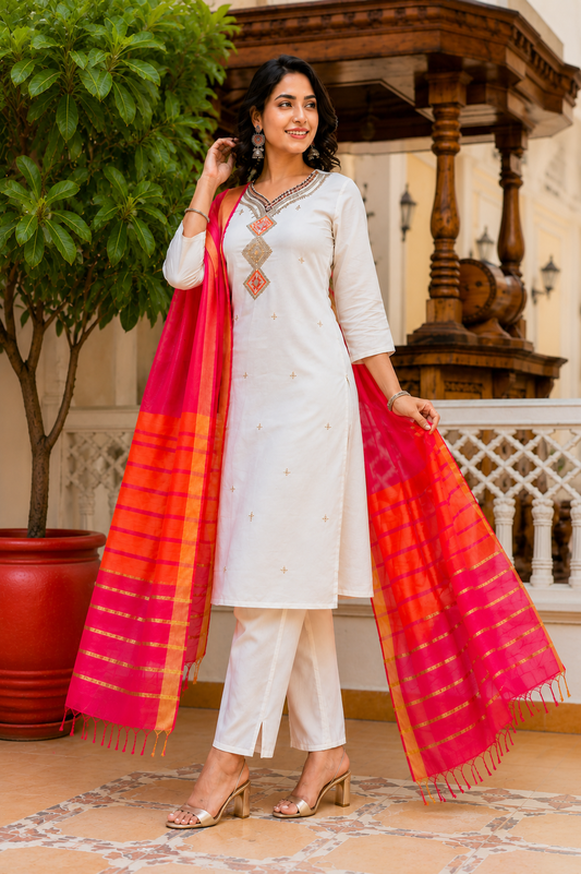 Ivory White Embroidered Cotton Blend Kurta Set with Organza Dupatta