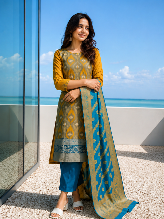 Mustard Yellow Cotton Blend Kurta Set with Banarasi Dupatta