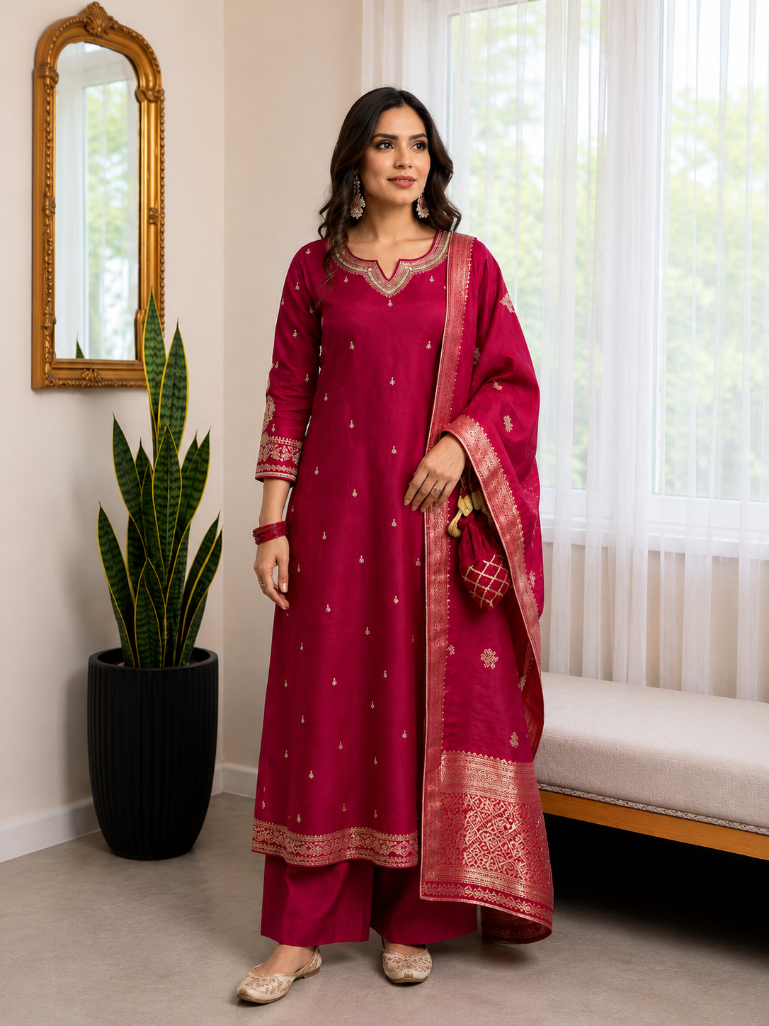 Magenta Embroidered Silk Blend Kurta Set with Banarasi Dupatta