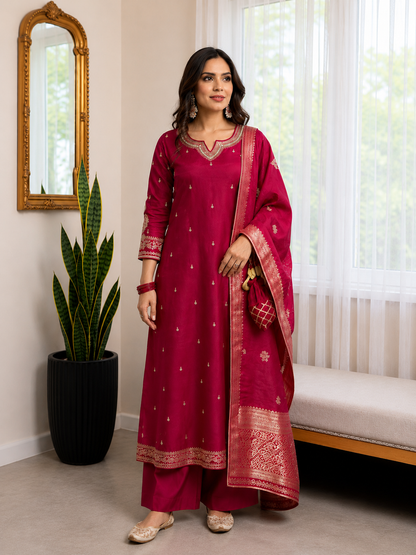 Magenta Embroidered Silk Blend Kurta Set with Banarasi Dupatta