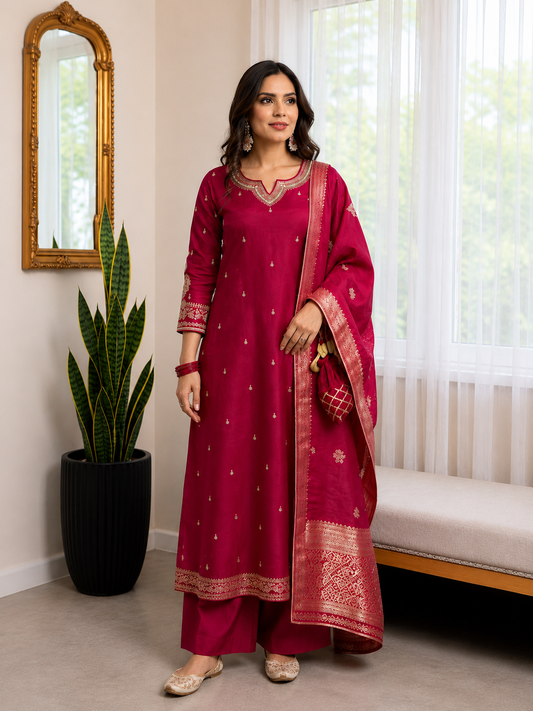 Magenta Embroidered Silk Blend Kurta Set with Banarasi Dupatta