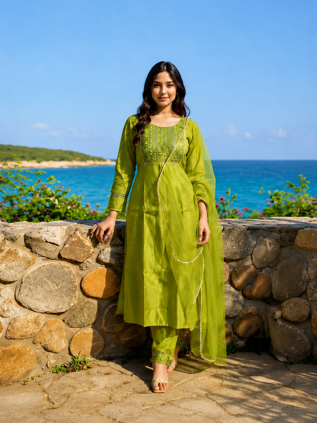 Olive Green Cotton Blend Kurta Set with Organza Dupatta
