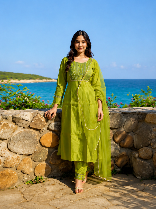 Olive Green Cotton Blend Kurta Set with Organza Dupatta