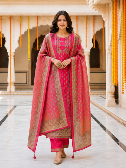 Rani Pink Embroidered Chanderi Silk Kurta Set with Banarasi Dupatta