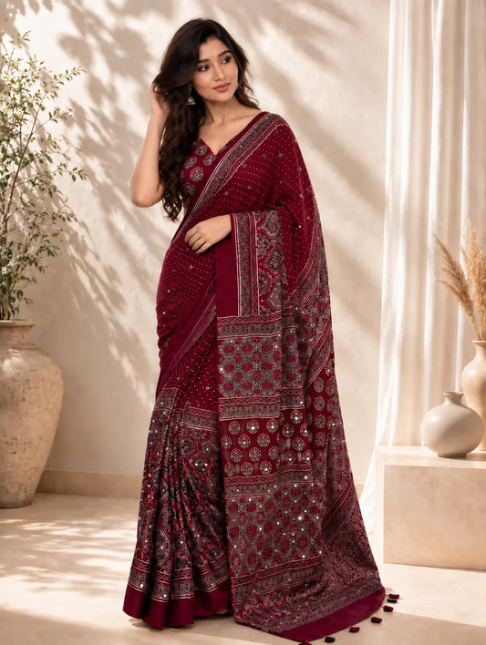 Maroon Modal Silk Ajrakh Printed Saree with Hand-Set Mirrors