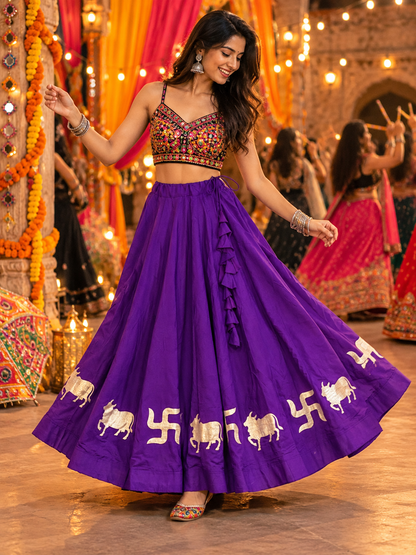 Navratri Royal Purple Cotton Skirt with Traditional Elephant Motif