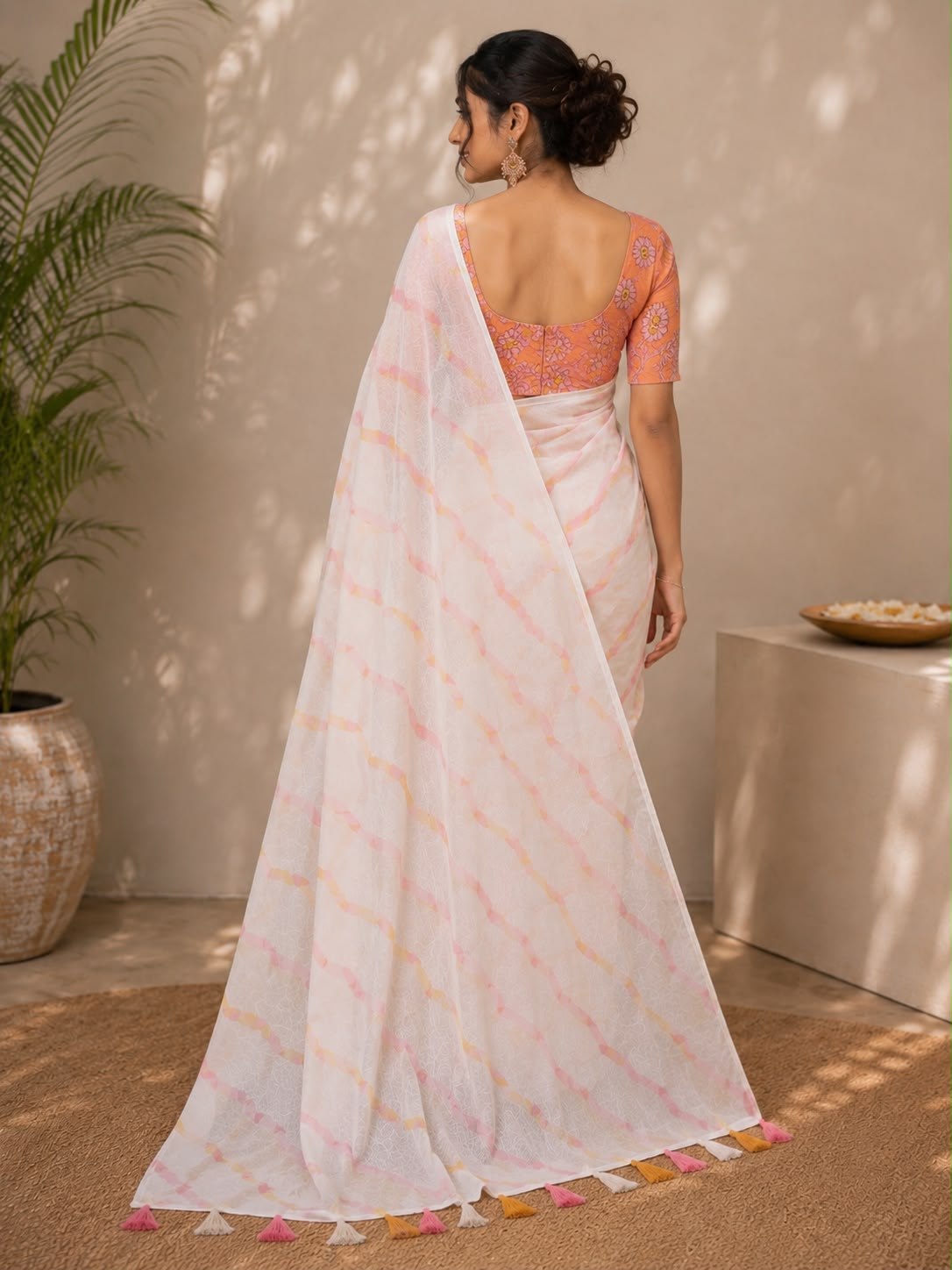 Elegant White Pink Leheriya Chiffon Saree with Peach Floral Blouse