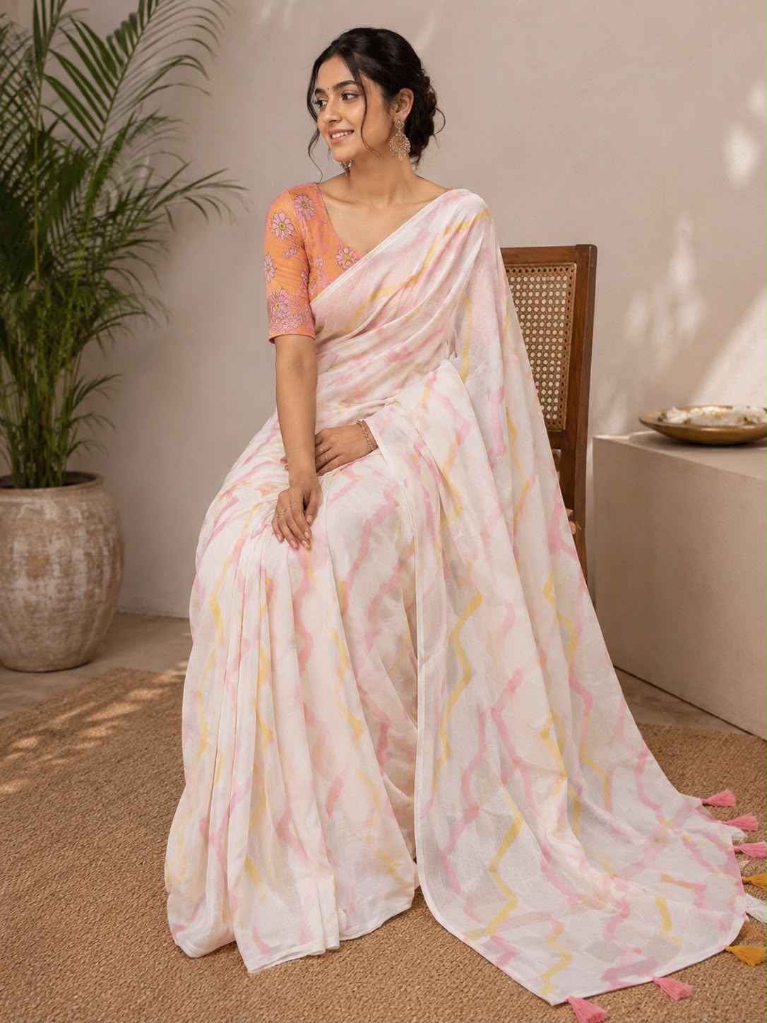 Elegant White Pink Leheriya Chiffon Saree with Peach Floral Blouse
