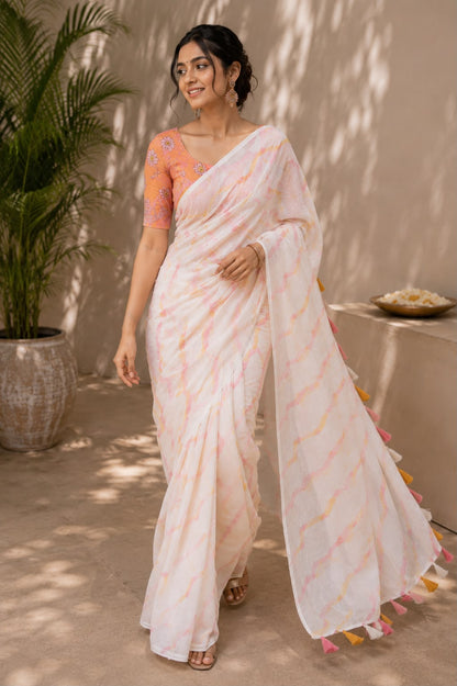 Elegant White Pink Leheriya Chiffon Saree with Peach Floral Blouse