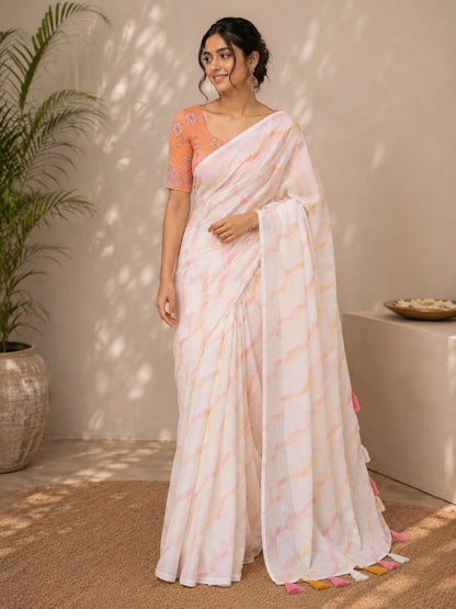 Elegant White Pink Leheriya Chiffon Saree with Peach Floral Blouse