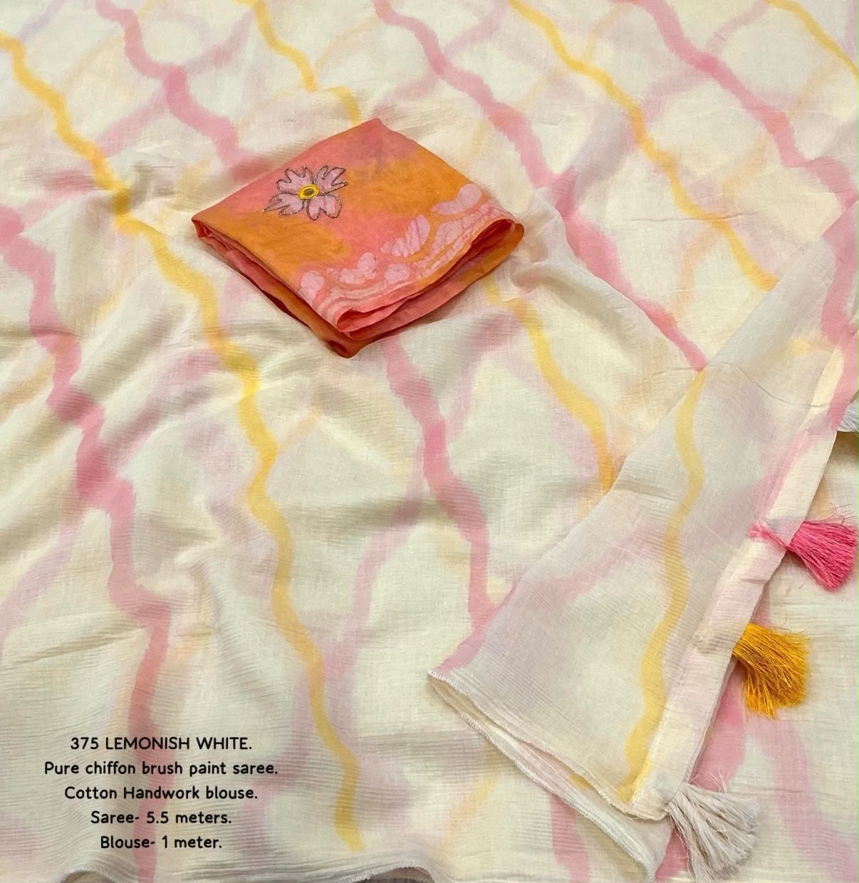 Elegant White Pink Leheriya Chiffon Saree with Peach Floral Blouse