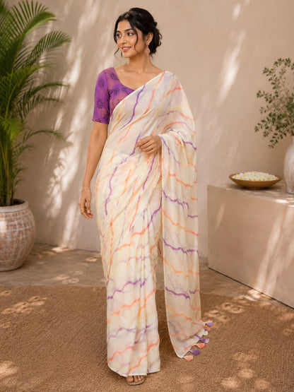 Elegant White Leheriya Chiffon Saree with Purple Blouse