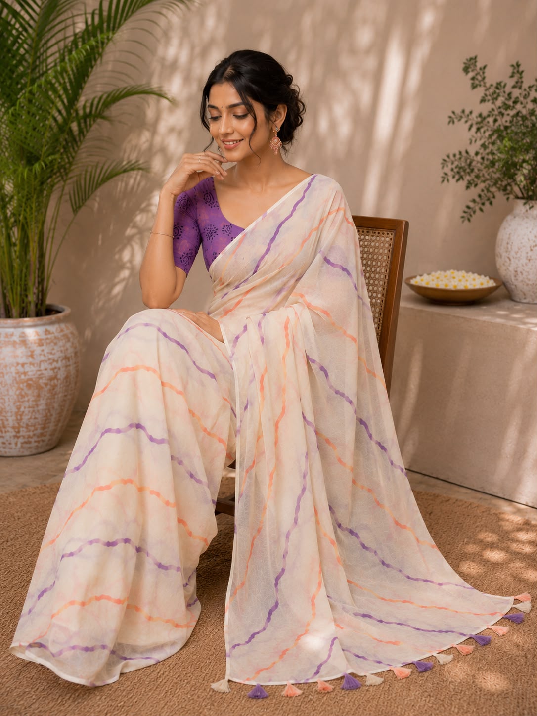 Elegant White Leheriya Chiffon Saree with Purple Blouse
