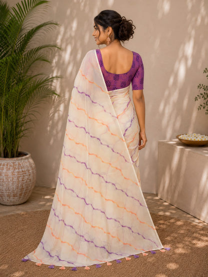 Elegant White Leheriya Chiffon Saree with Purple Blouse