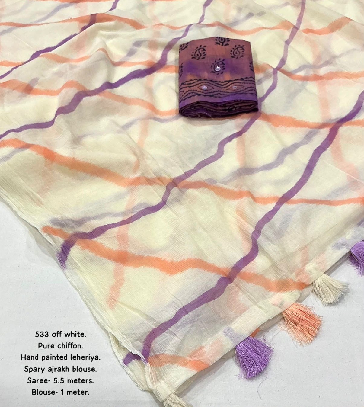 Elegant White Leheriya Chiffon Saree with Purple Blouse