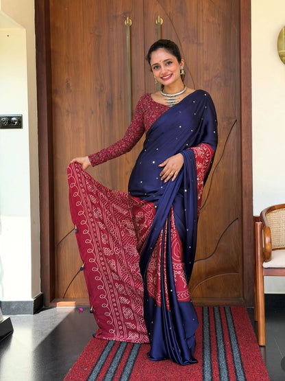 Navy Blue & Maroon Gajji Ajrakh Silk Saree with Matching Blouse Piece