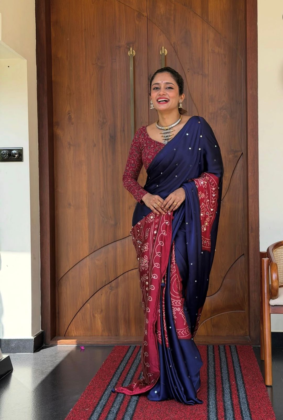 Navy Blue & Maroon Gajji Ajrakh Silk Saree with Matching Blouse Piece