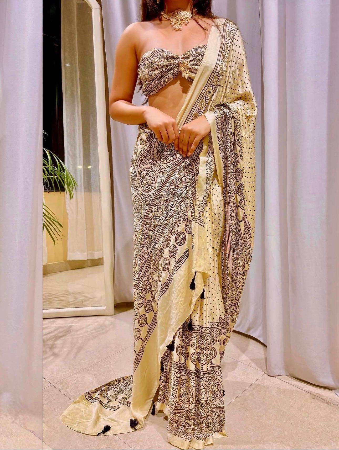 Ivory Black Ajrakh Modal Silk Saree with Hand-Set Mirrors
