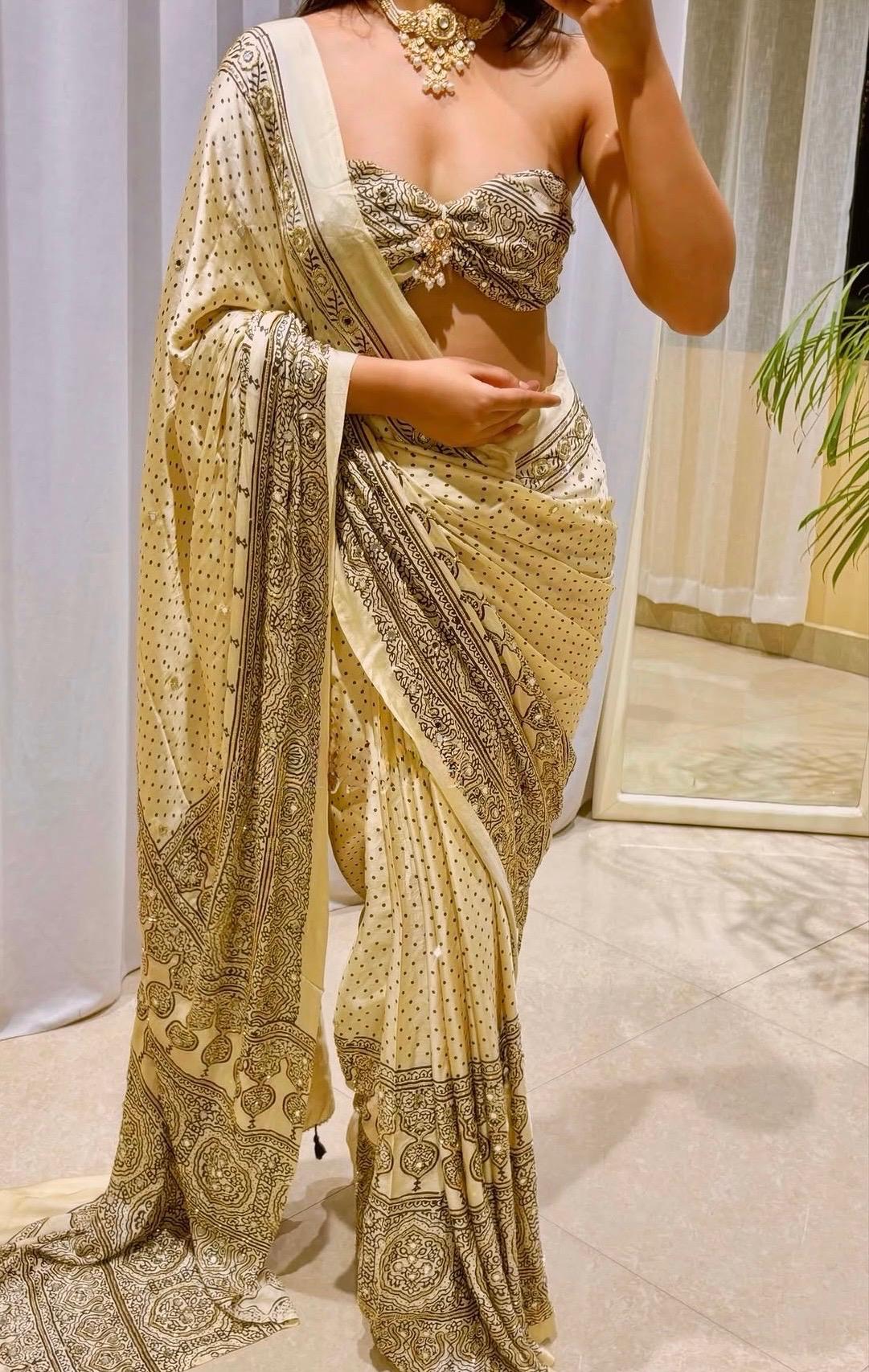 Ivory Black Ajrakh Modal Silk Saree with Hand-Set Mirrors